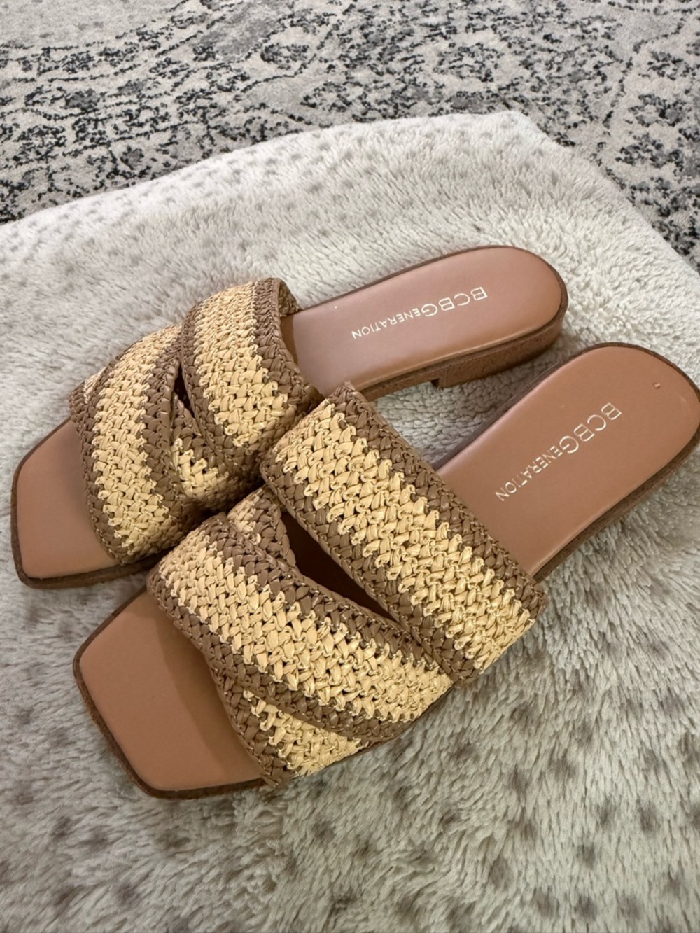 BCBGeneration Tan and Cream Woven Slide Sandals